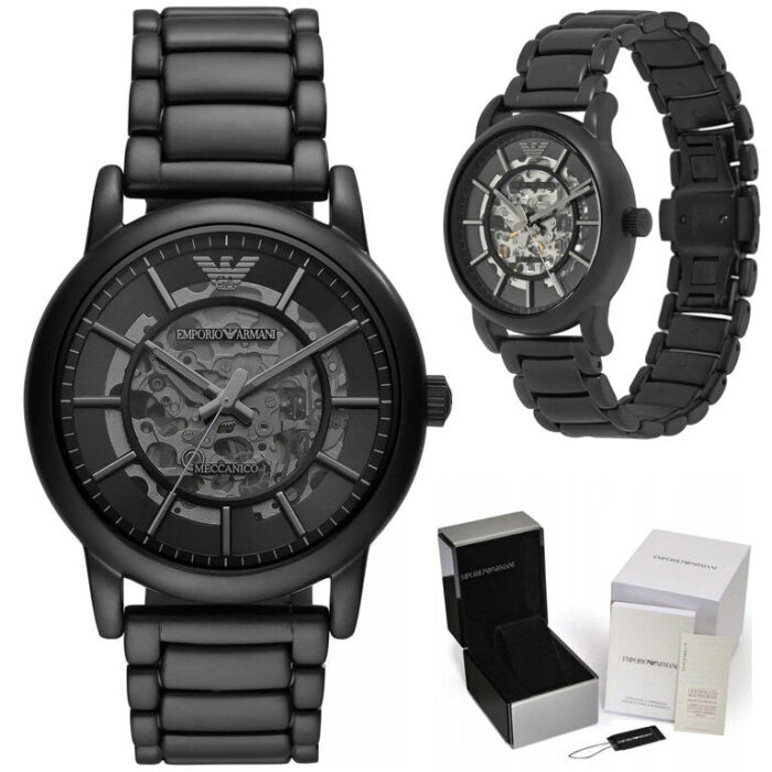 Emporio Armani Meccanico Skeleton Black Dial Black Steel Strap Watch For Men - AR60045 - Image 5